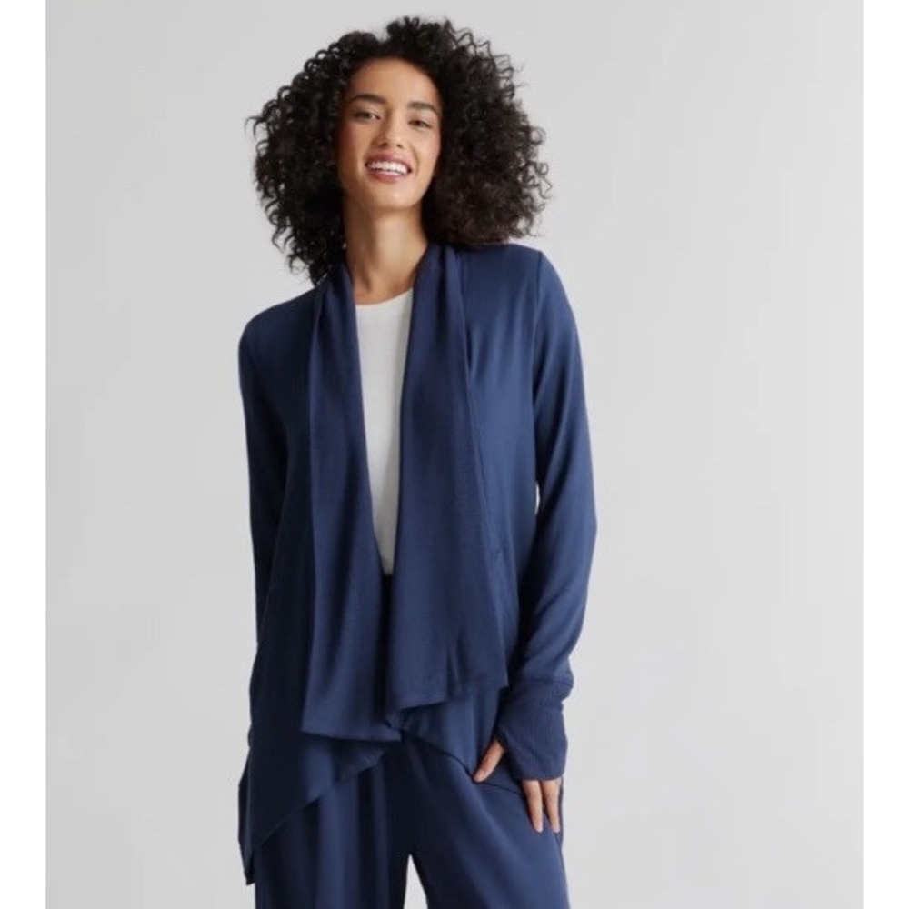 Quince Women's French Terry Modal Cardigan Navy Blue Medium Open Waterfall - Picture 1 of 11